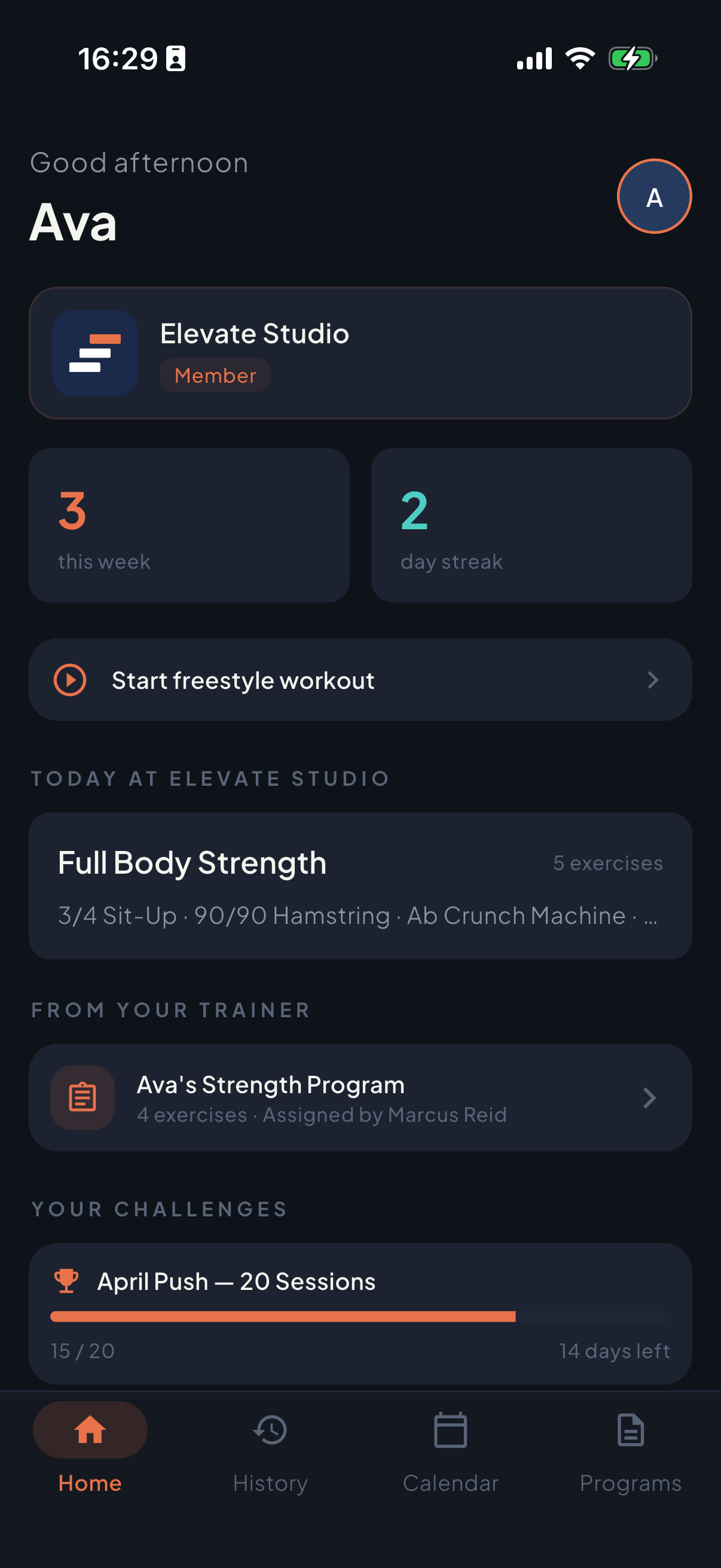 Atlas home screen showing gym branding, daily program, and challenges